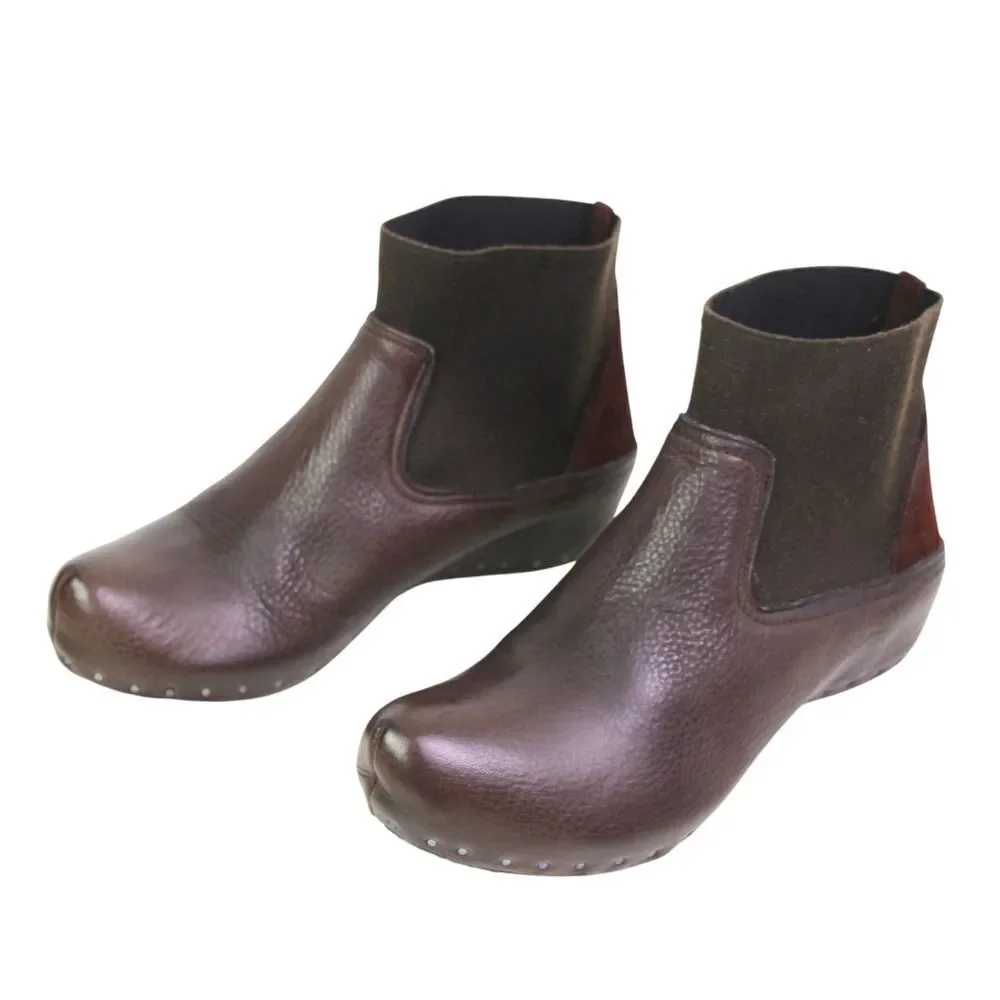 Vialis BROWN GENUINE LEATHER ELASTIC POINTED TOE WEDGE STUDS ANKLE BOOTS Sz 8